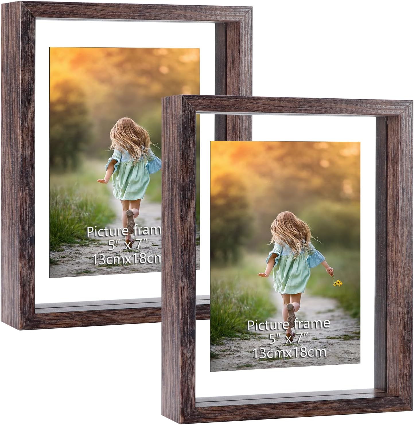 WIFTREY 5x7 Floating Picture Frame 2 Pack, Double Glass Distressed 5x7 Frame for Tabletop or Wall Mount, Displays Photo up to 7x9, Brown