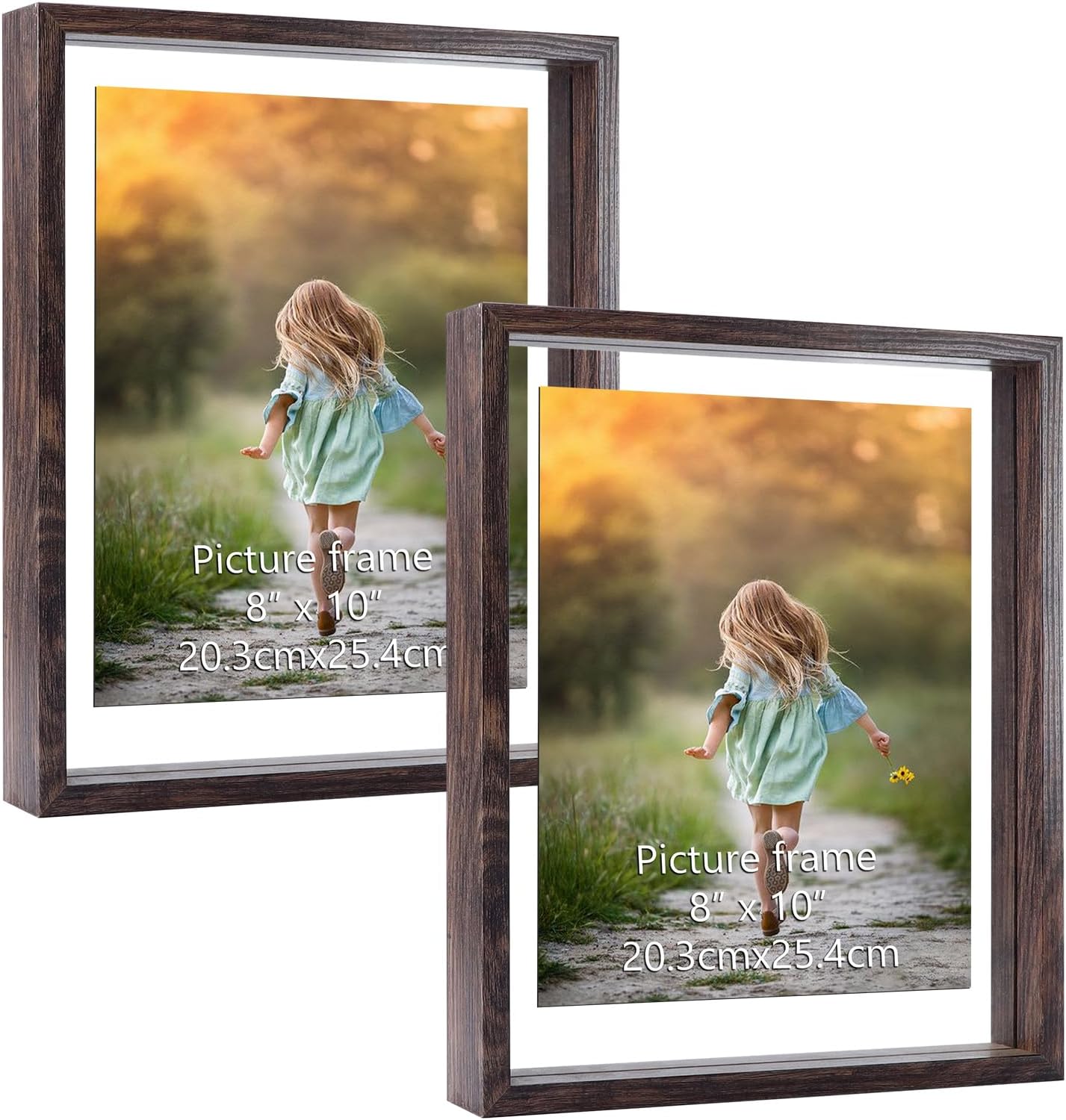 WIFTREY 8x10 Floating Picture Frame 2 Pack, Double Glass Distressed Floating Photo Frame 8 By 10 Displays Photo up to 10x12, Tabletop Hanging or Wall Mount, Light Brown