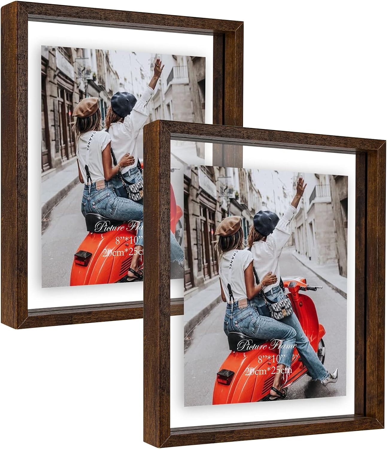 WIFTREY 2 Pack 8x10 Rustic Picture Frames, Double Glass Distressed Floating Photo Frame for Tabletop Wall Mount, Displays Photo up to 10x12, Brown