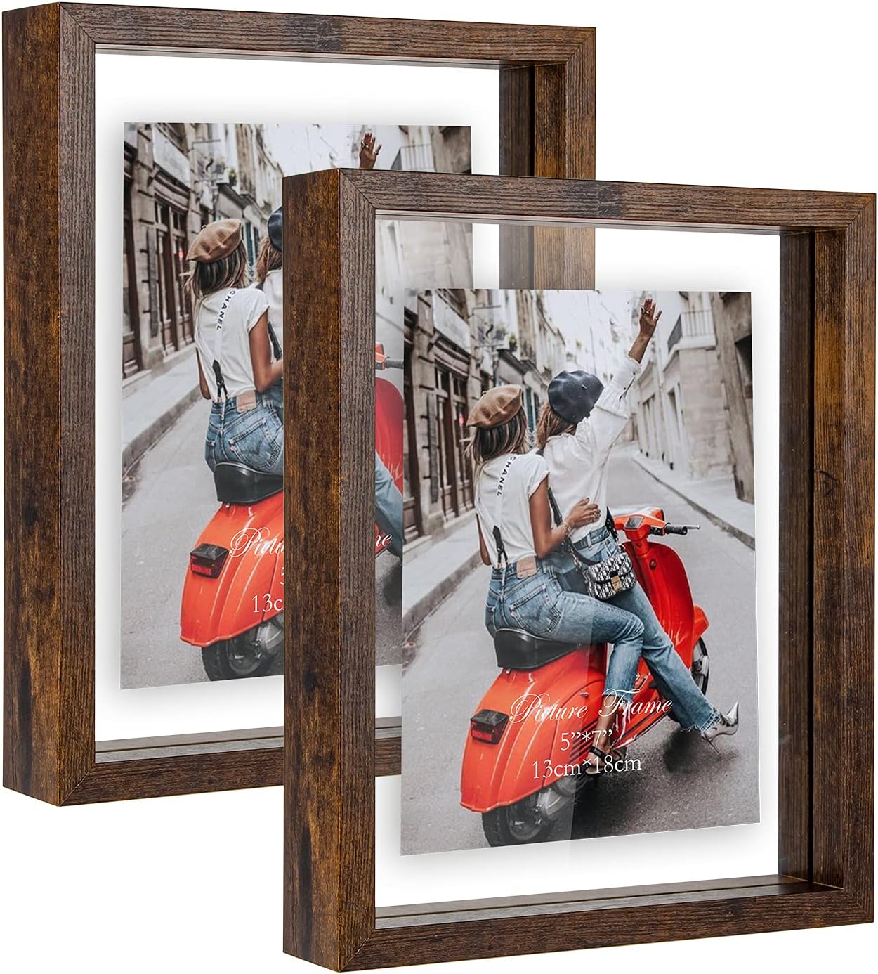 WIFTREY 5x7 Rustic Picture Frames Set of 2, Double Glass Side Floating Photo Frame for Table Top Wall Hanging, Displays Photo up to 7x9, Brown