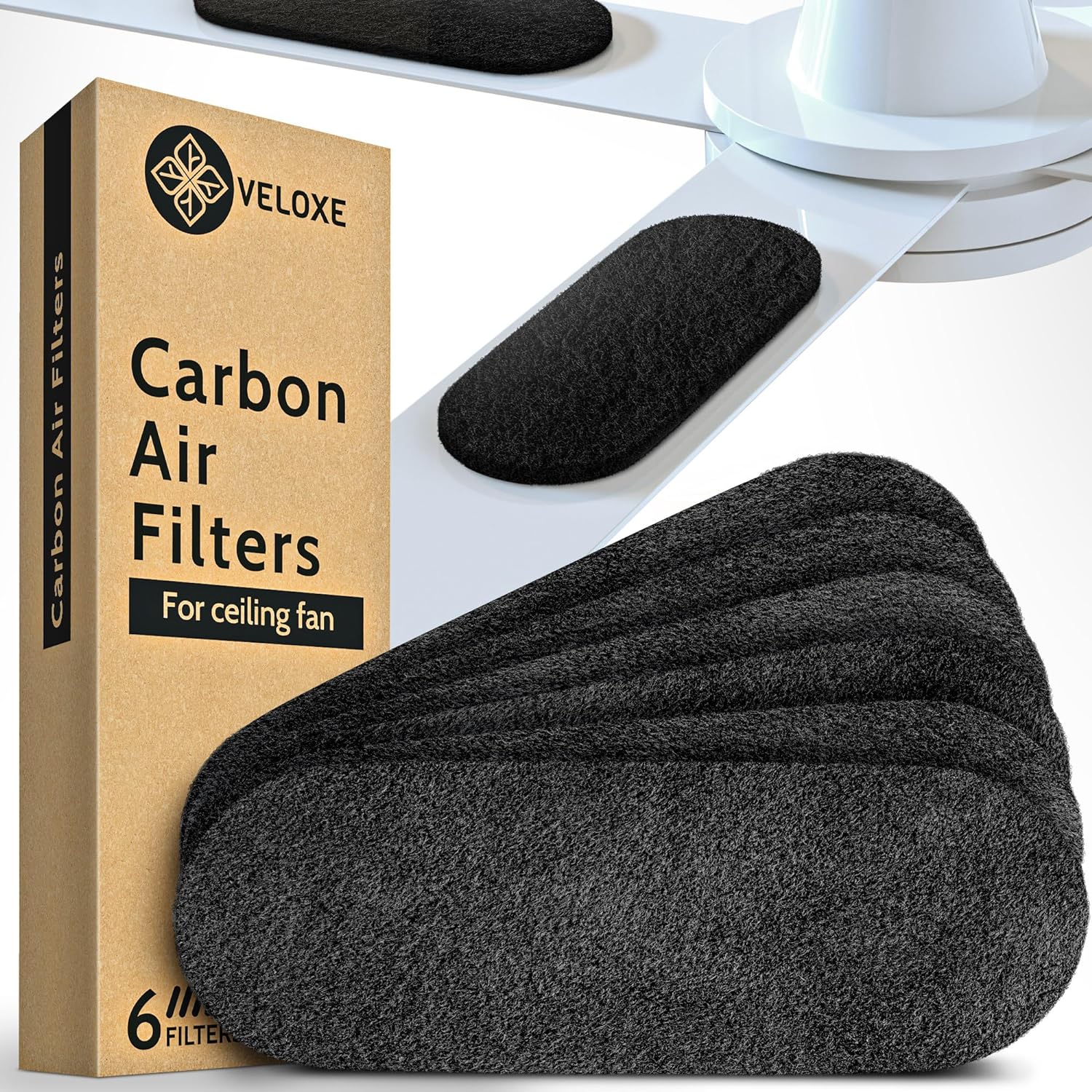 Ceiling Fan Filters for Blades | 6-Pack Set Air Filters with Activated Charcoal | Odor Eliminator & Air Purifiers for Common Household Contaminants | Unscented Carbon Air Filters