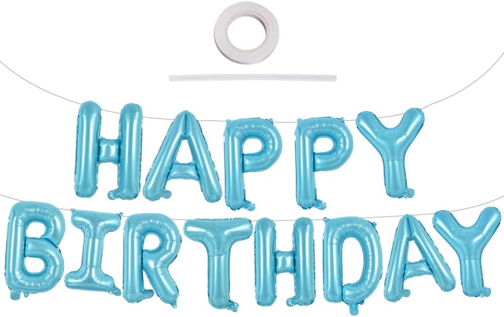 TONIFUL Light Blue Happy Birthday Balloons Banner, 16 Inch Mylar Foil Letters Sign Bunting Reusable Ecofriendly Material for Girls Boys Kids & Adults Birthday Decorations Party Supplies