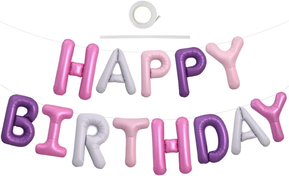 TONIFUL Happy Birthday Balloons Banner with ribbon straw, 16 Inch Mylar Foil Letters Birthday Sign Banner Balloon Bunting Reusable for Girls Boys Kids & Adults Birthday SuppliesPink Purple