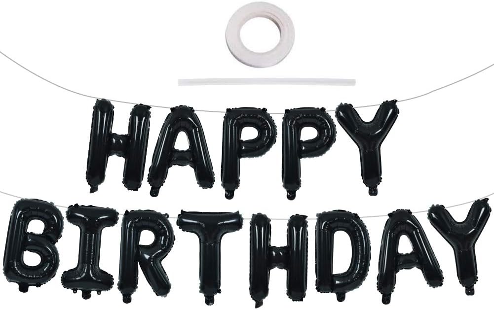 TONIFUL Black Happy Birthday Balloons Banner 16 Inch Mylar Foil Letters Birthday Sign Banner Bunting Reusable for Girls Boys Kids & Adults Birthday Decorations and Halloween Party Supplies