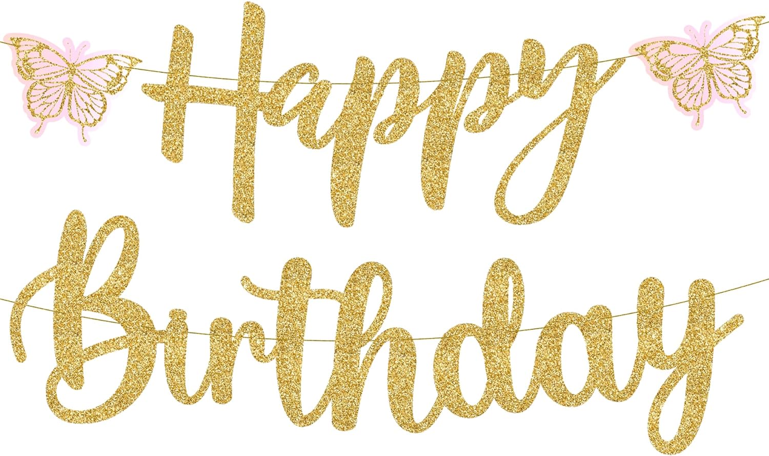 KatchOn, Glitter Gold Happy Birthday Banner - Pre-Strung, No DIY | Butterfly Birthday Banner | Gold Happy Birthday Sign for Girls, Gold Happy Birthday Decorations for Women, Birthday Party Decorations