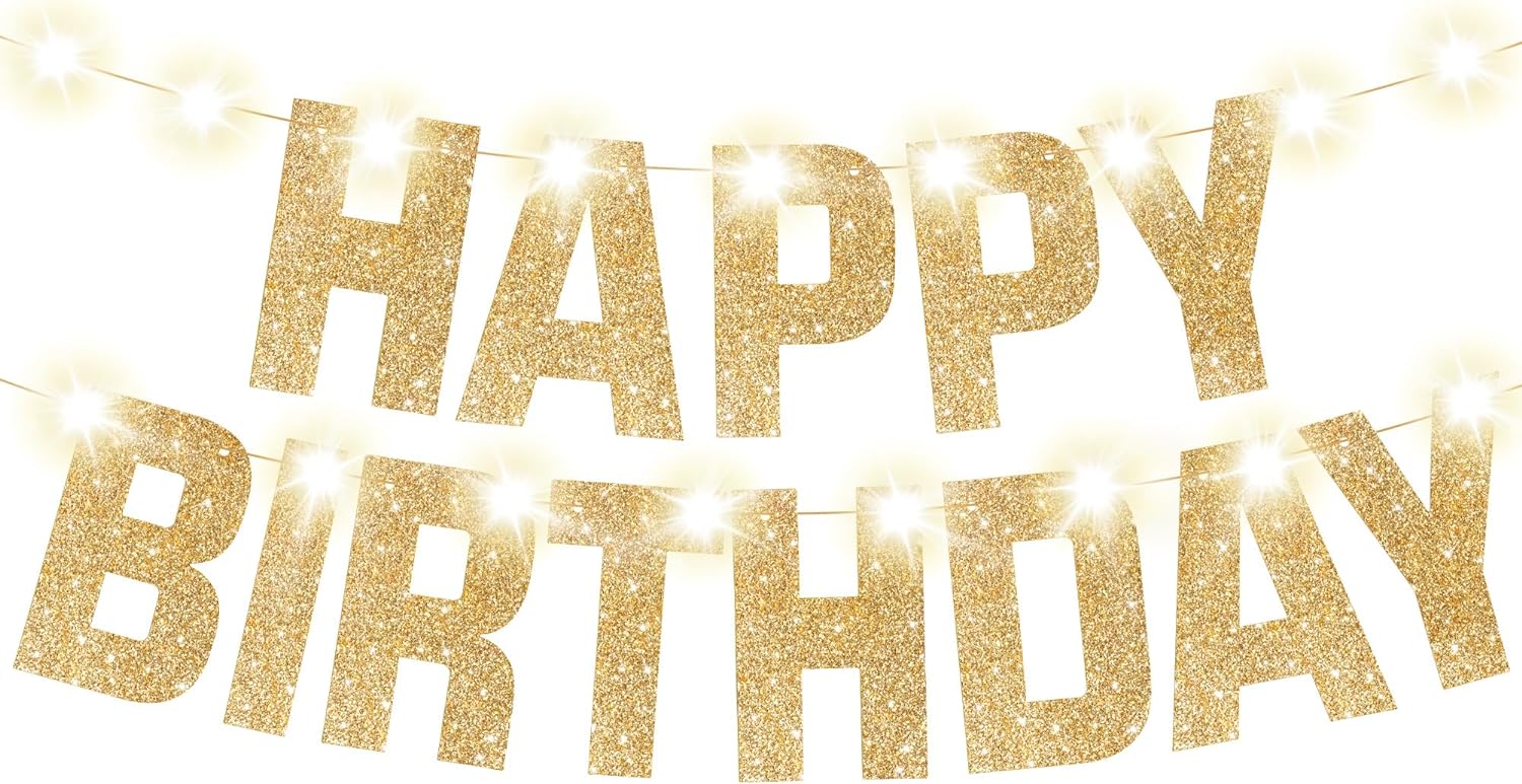 KatchOn, Light Up Happy Birthday Banner Prestrung - 10 Feet, 8 Modes | Happy Birthday Light Up Sign for Backdrop | Light Up Birthday Banner for Happy Birthday Decorations | Gold Happy Birthday Sign