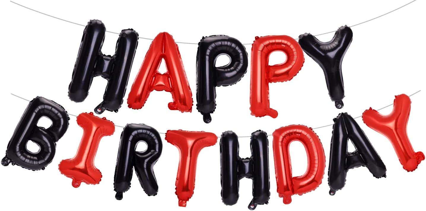 Black and Red Happy Birthday Banner Balloons, 16 Inch Mylar Foil Happy Birthday Sign Banner for Kids and Adults, 3D Happy Birthday Balloons Letters for Birthday Party Decorations and Supplies