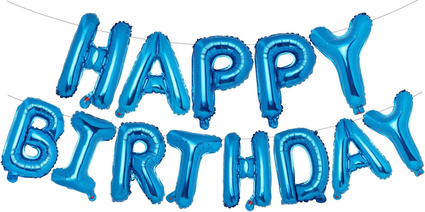 Happy Birthday Banner, 3D Blue 16 Inch Foil Letter Balloons Banner for Birthday Party Decorations, Inflatable Reusable Happy Birthday Sign Balloons Banner Bunting for Kids and Adults