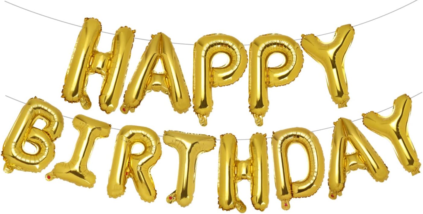 Gold Happy Birthday Banner, 16 Inch Mylar Foil Letters Birthday Sign Banner Balloon Reusable Inflatable Party Decor and Event Decorations for Kids Boys Men Adults Ecofriendly Party Supplies