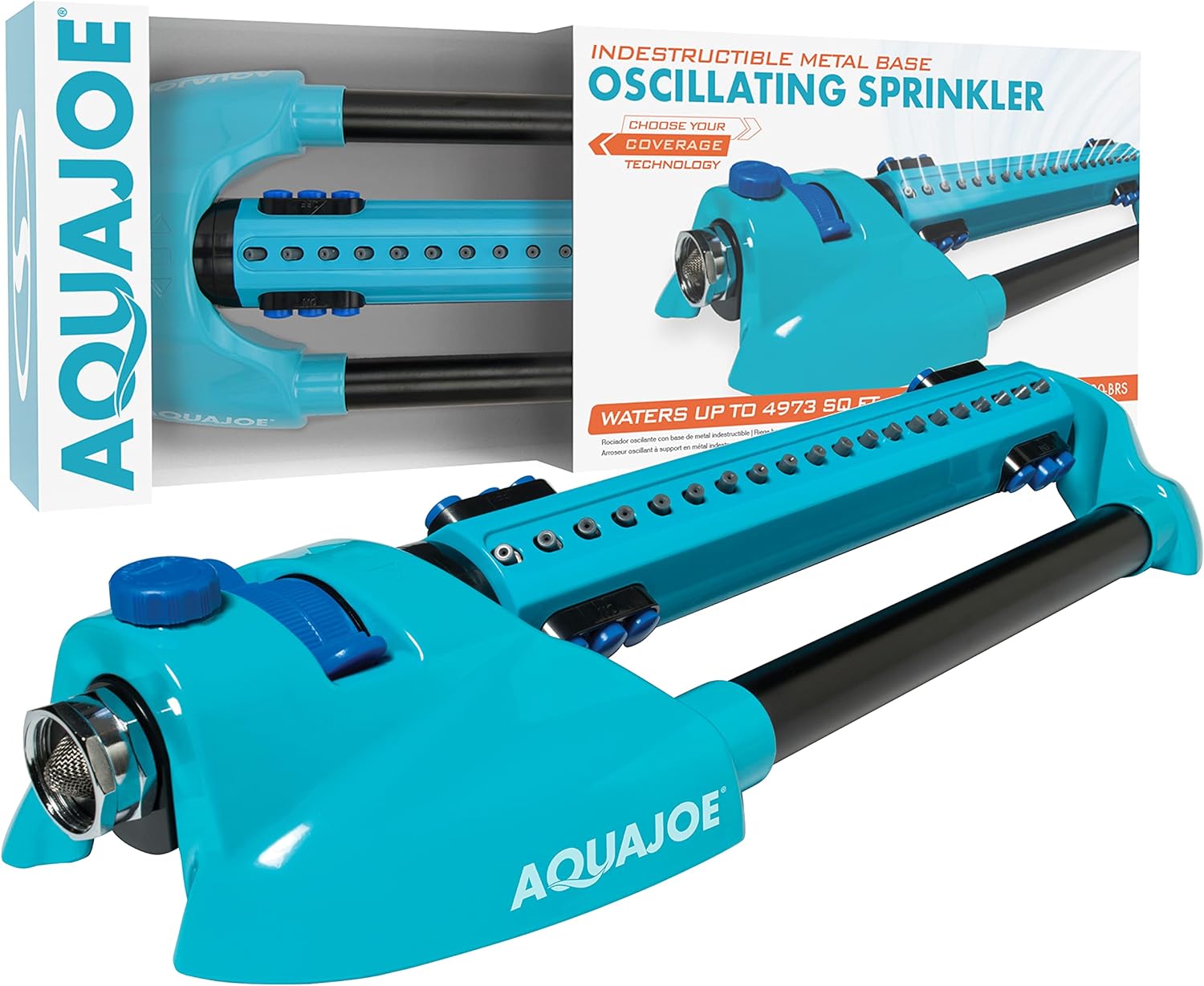 Aqua Joe AJ-OMS20-BRS 4973 Sq Ft Variable-Width Turbo Oscillating Sprinkler, 6 Switchable Spray Nozzles