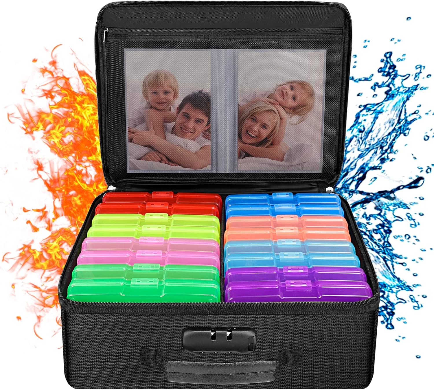 ENGPOW Fireproof Photo Storage Box with 16 Inner 4 x 6 Photo Cases(Multi-Colored), Photo Organizer Box with Lock,Collapsible Portable Photo Storage Containers with Handle for Photos,Picture,Craft