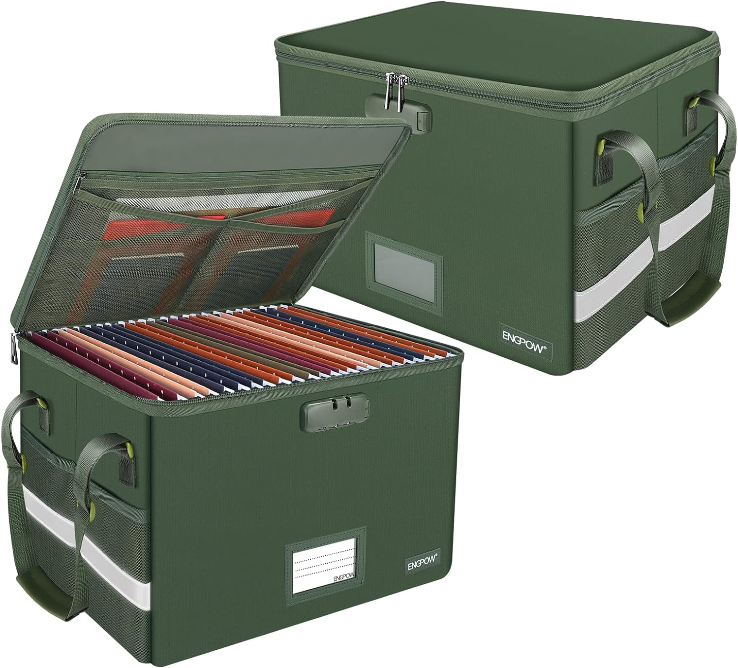 ENGPOW File Box with Lock,Fireproof Document Box with Pockets,Collapsible File Storage Organizer Filing Box with Handle,Portable Home Office File Cabinet Safe for Hanging Folders,2 Pack(Green)