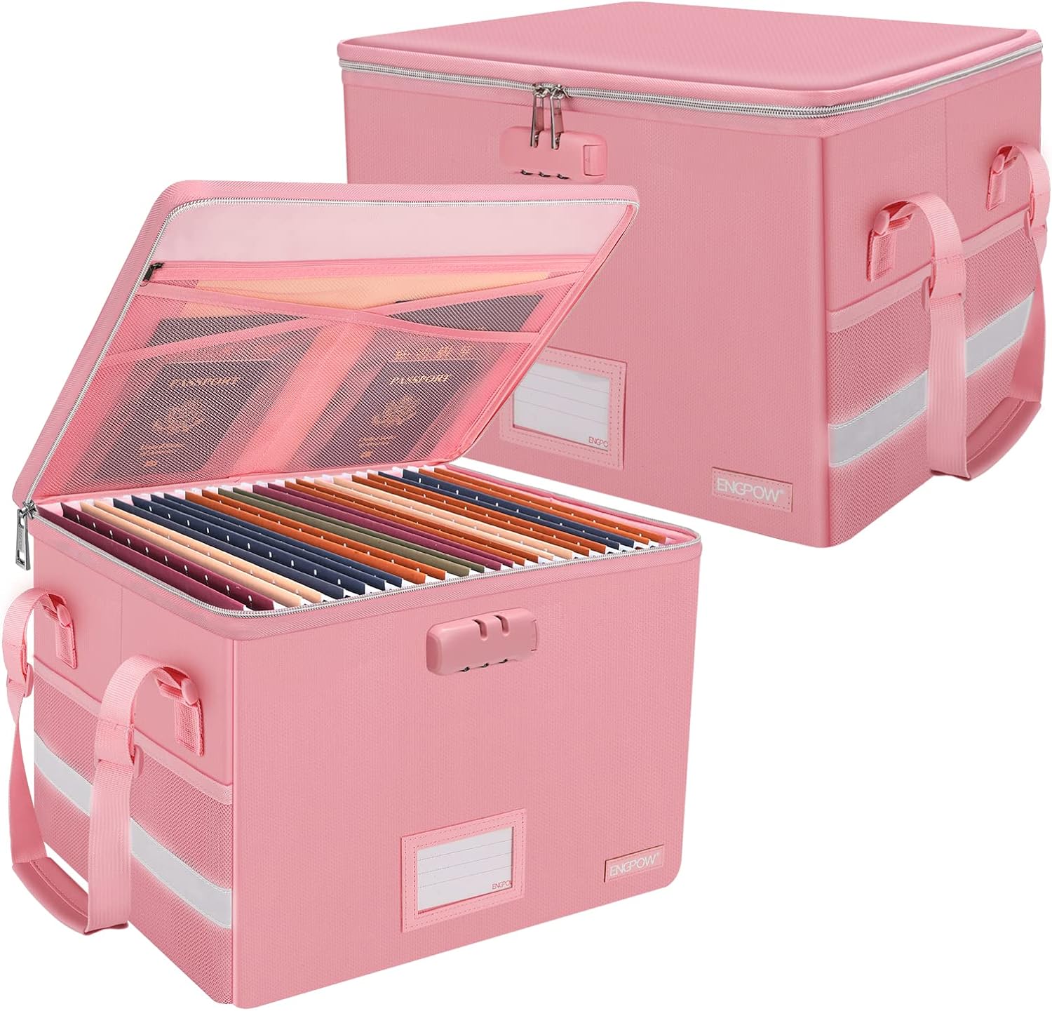 ENGPOW File Box with Lock, Fireproof Document Box with Inserts,Collapsible File Storage Organizer Box Filing Box with Handle,Portable Home Office Safe Box File Cabinet for Hanging Folder,2 Pack(Pink)