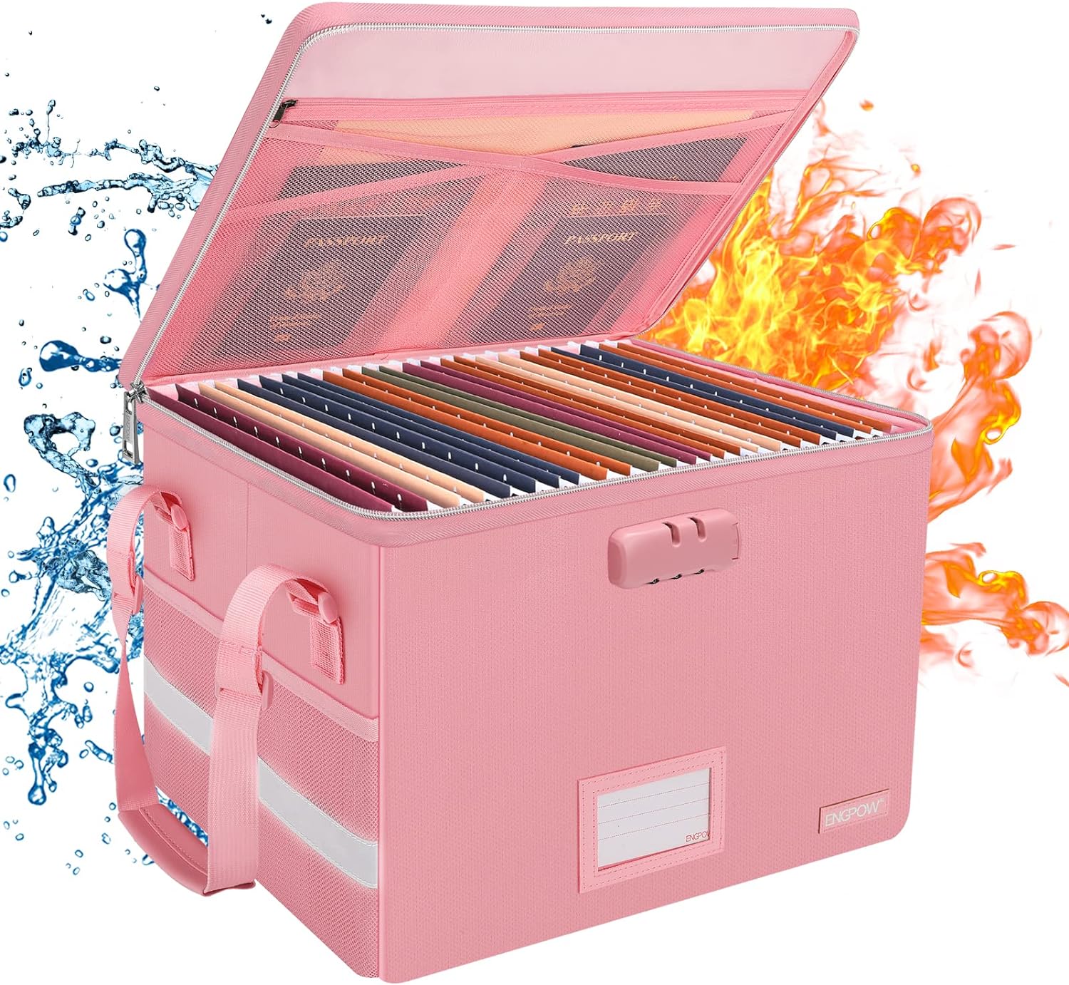 ENGPOW File Box with Lock, File Storage Organizer Box with Zipper Lid,Collapsible Fireproof Document Box Filing Box with Handle,Portable Home Office Safe Box for Hanging Letter/Legal Folder,Pink