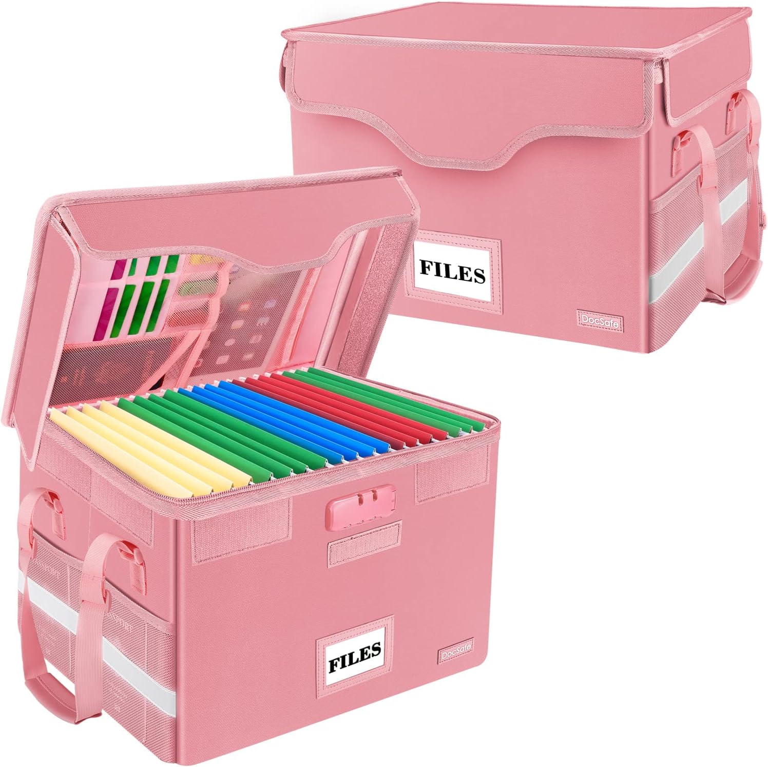 DocSafe File Box Fireproof Document Box with Lock,File Storage Organizer Box with Insert Pockets,Collapsible Portable File Box Home Office File Cabinet Safe for Hanging Letter/Legal Folder,Pink,2 Pack