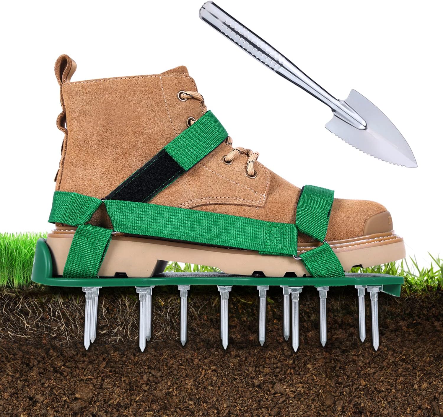 Ohuhu Lawn Aerator Shoes for Grass: Free-Installation Aeration Shoes with Stainless Steel Shovel, Heavy Duty Spike Aerating Sandals Lawn Equipment Tool with Hook & Loop Straps for Yard Patio Garden