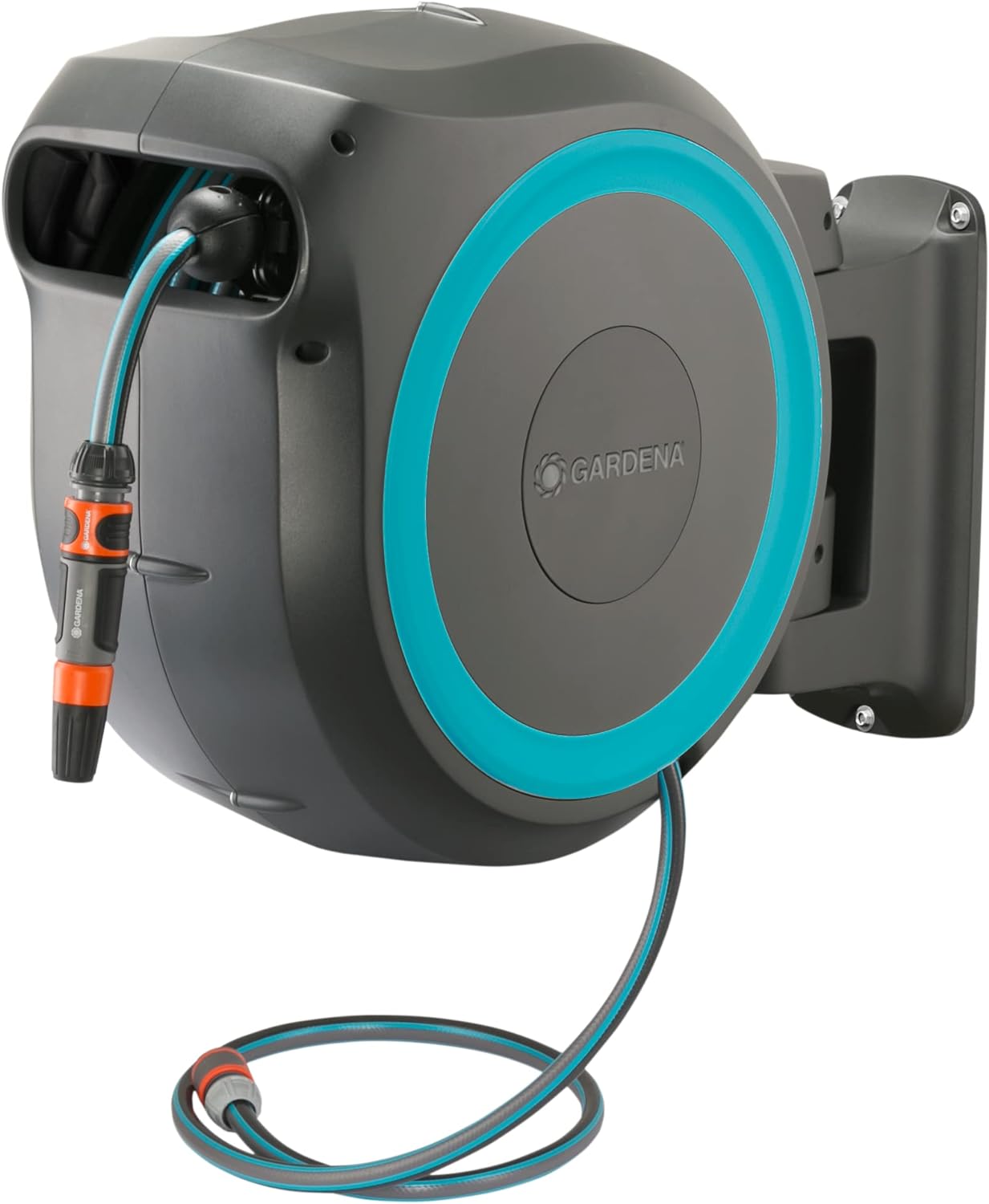 GARDENA Wall Mounted Retractable Hose Reel, 115 feet, Black and Turquoise