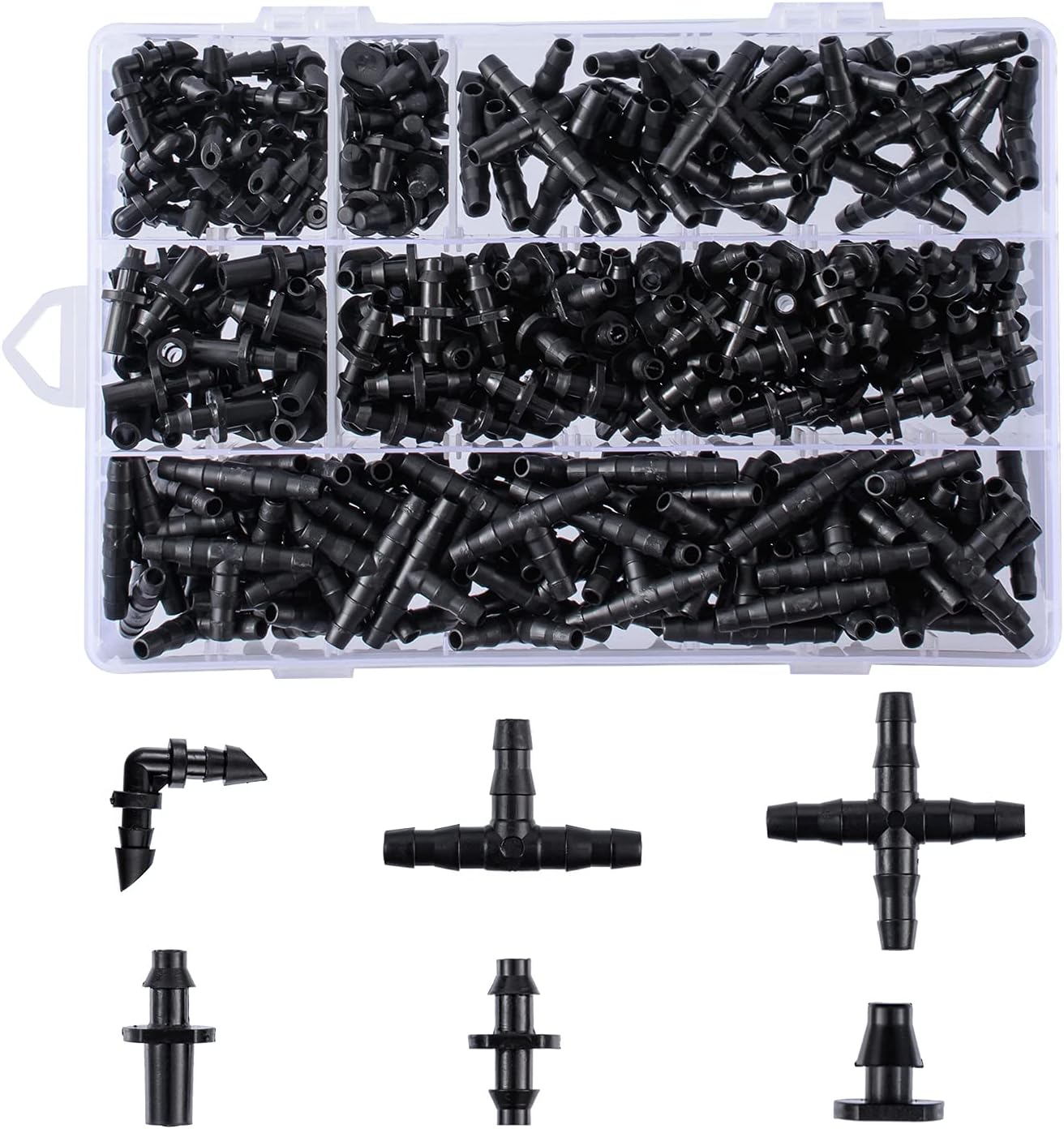 280 Pcs Barbed Connectors Irrigation Fittings Kit,Drip Irrigation Barbed Connectors 1/4''Tubing Fittings Kit for Flower Pot Garden Lawn(Straight Barbs,Single Barbs,Tees,Elbows,End Plug,4-Way Coupling)