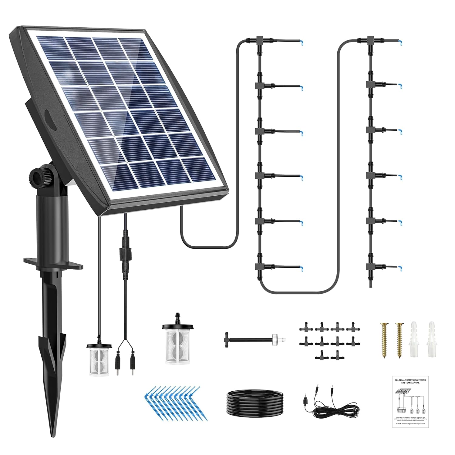 Solar Automatic Drip Irrigation Kit System, JIYANG Solar Powered Auto Easy DIY Watering Device Supported Pots Plants, 6 Timing Modes with Anti-Siphoning Device (Supported 10-15 Pots, 6Timing Modes)