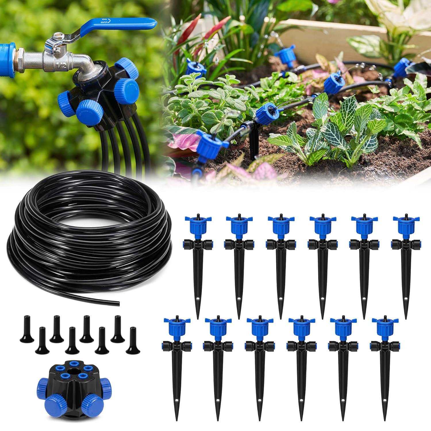 HIRALIY 50FT Garden Watering System with 12Pcs Pressure Compensation Drippers and 5-Way Connector, New Quick Connector Drip Irrigation Kits, Irrigation System for Plant