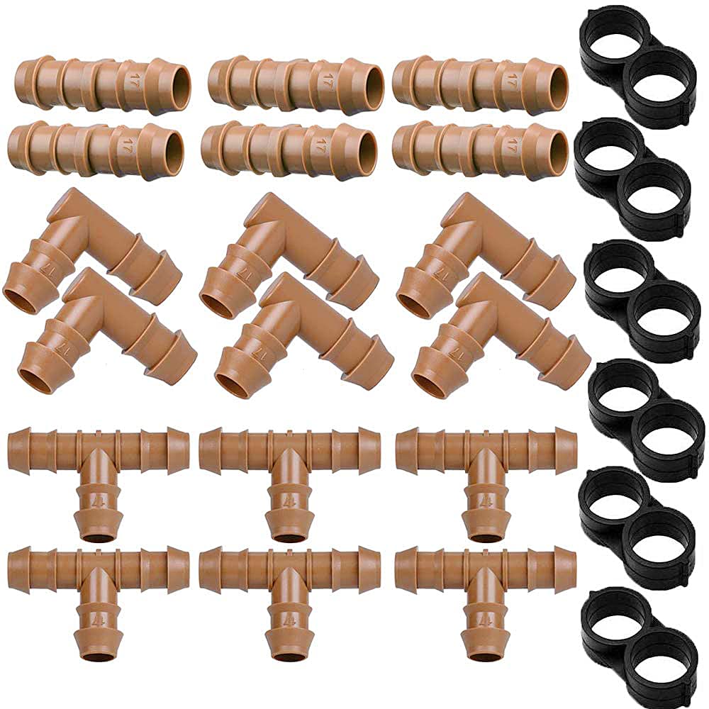 24P Drip Irrigation Fittings Kit for 1/2 Tubing (.600 ID), 17mm Parts- 6 Tees, 6 Couplings, 6 Elbows,6 End Cap Plugs- Barded Connectors for Rain Bird Pipe and Sprinkler Systems (24 Pieces Set)