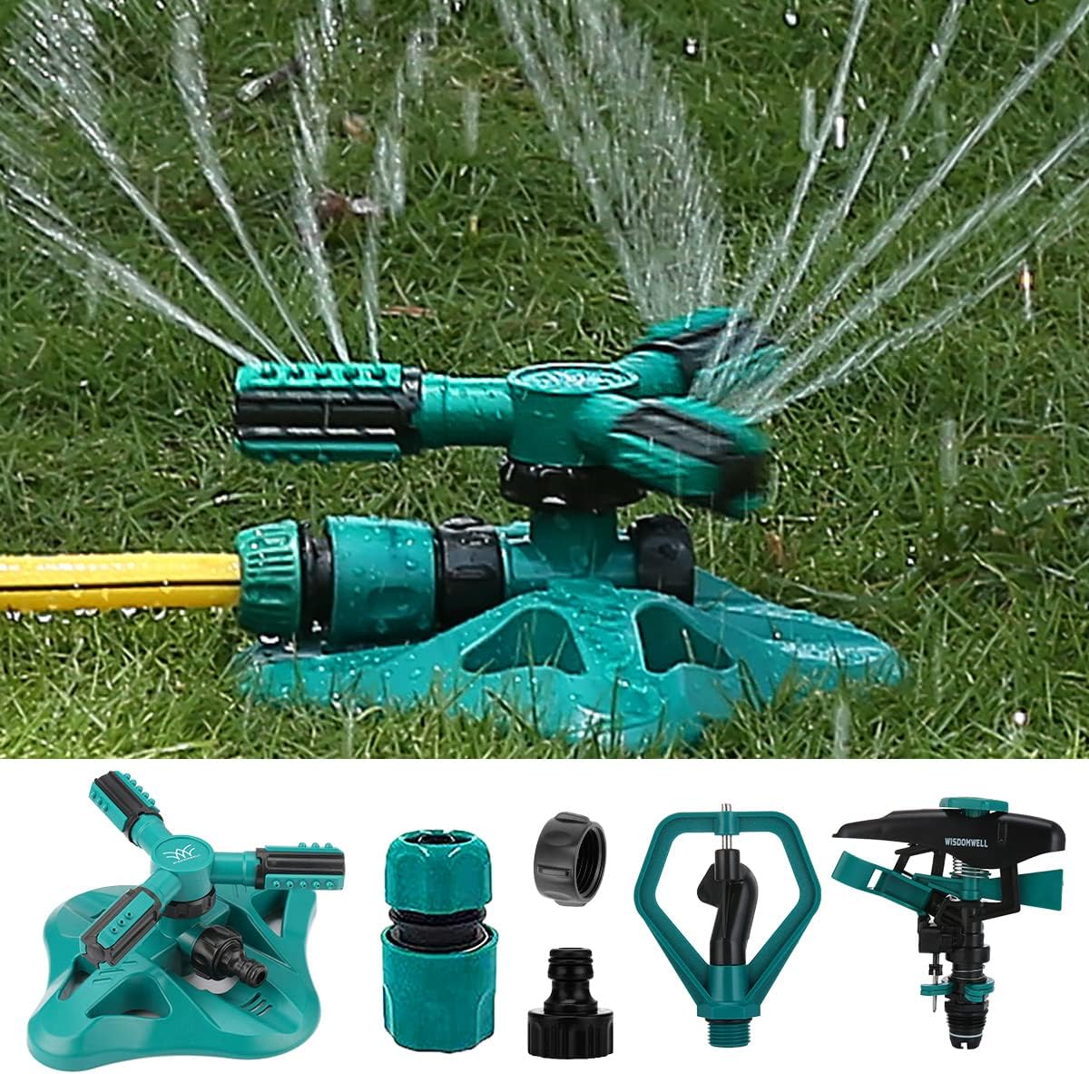 Garden Sprinkler Adjustable Water Spray Range Suitable for Large Areas of Lawn Automatic 360 Degree 3 Arm Rotating Sprinkler System Sprinklers (1Sprinkler and 3Connectors)