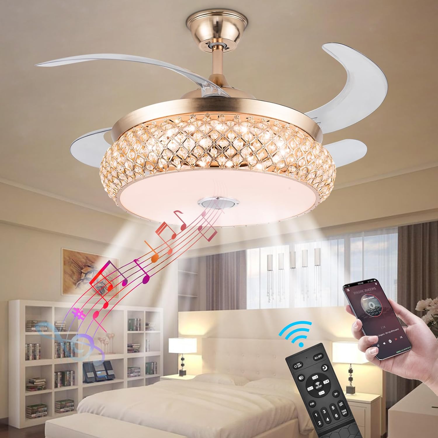 42 Inch Retractable Invisible Ceiling Fan with Light and Bluetooth Speaker, Modern Bluetooth Fan Chandelier with Remote Control 3 Color Change 36W LED