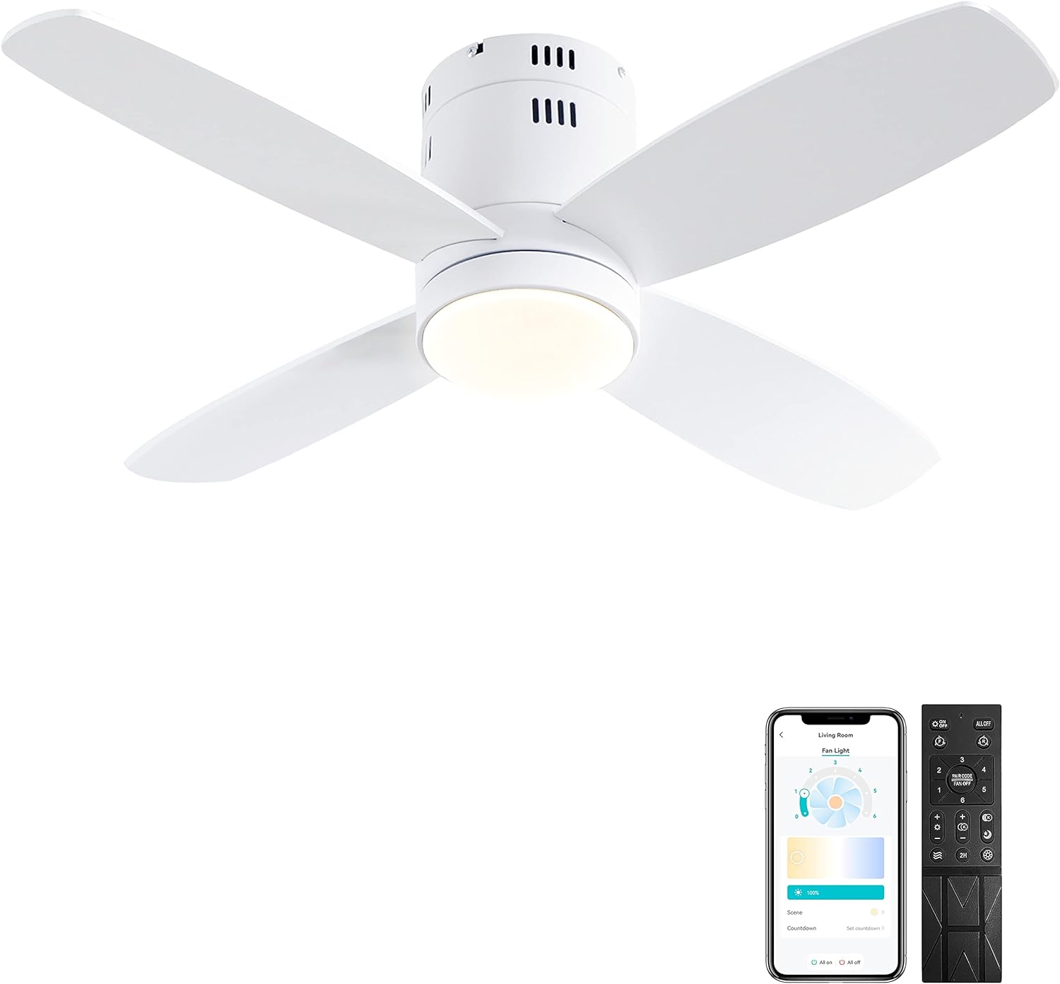 Ohniyou Ceiling Fan with Lights - 38'' Small Low Profile Ceiling Fans Remote & APP Control - Dimmable Indoor Outdoor Quiet DC Flush Mount Ceiling Fan for Patio Kitchen Dining Room Bedroom(White)