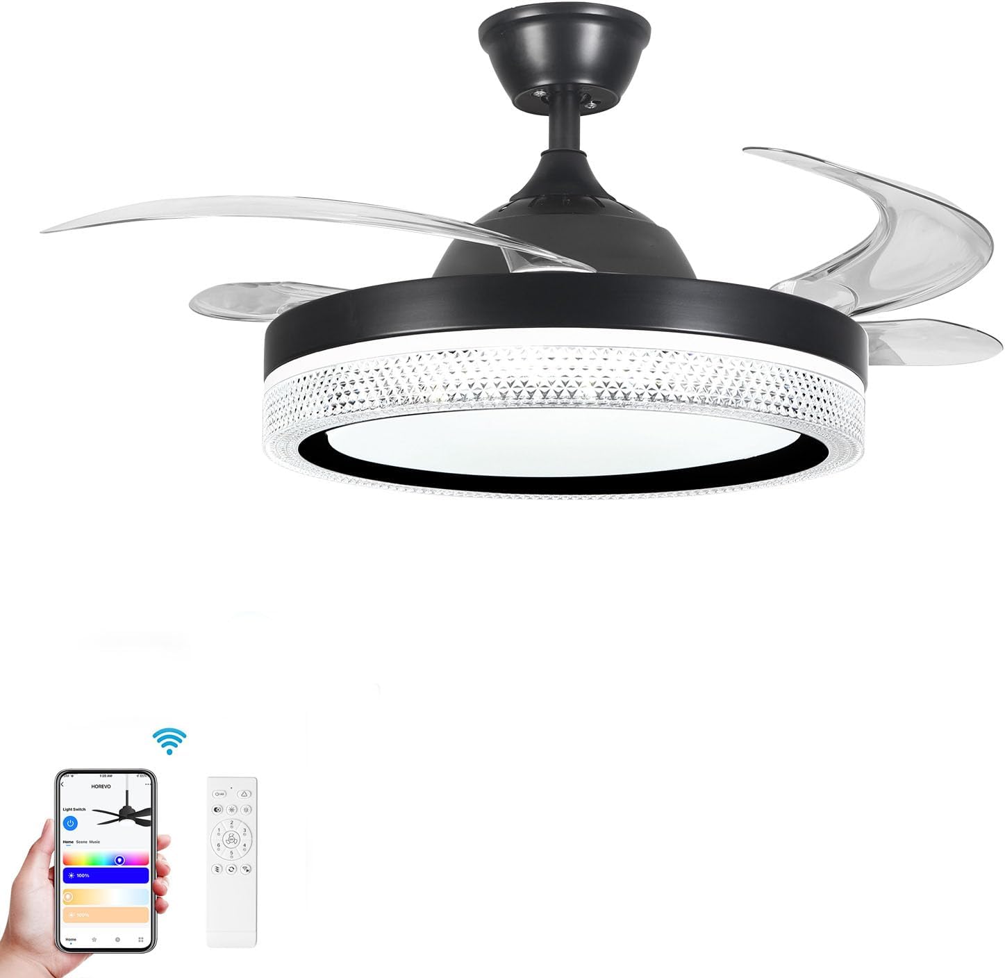 HOREVO Smart Ceiling Fan with Light, Work with Alexa/Google Home, Bluetooth Speaker,- 42'' Color Changing LED Ceiling Fan, Imitation Crystal Lampshade