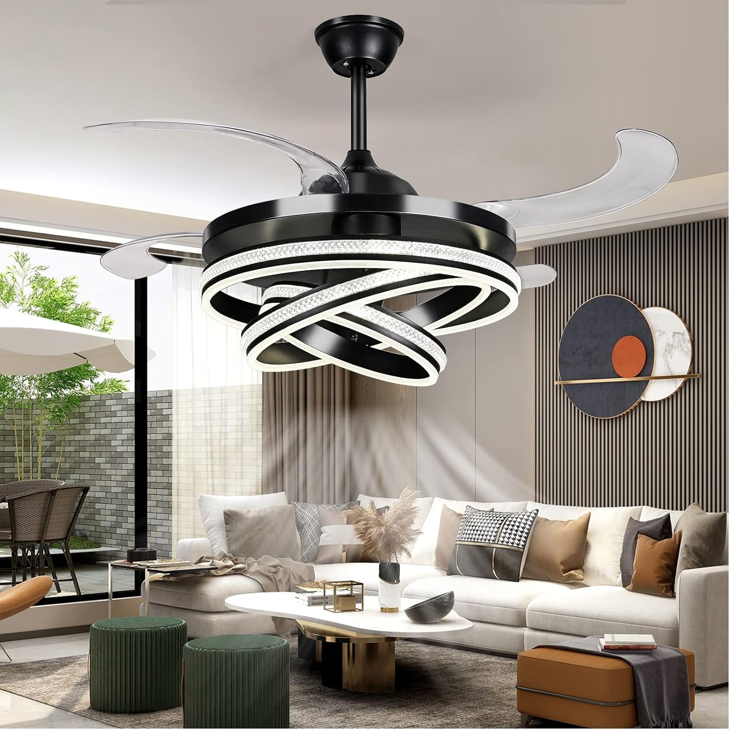 42 Invisible Ceiling Fan Chandelier Light,Modern Crystal DIY Ceiling Fan Light Remote Control 4 Retractable ABS Blades for Bedroom Living Dining Room Decoration (42, Black)