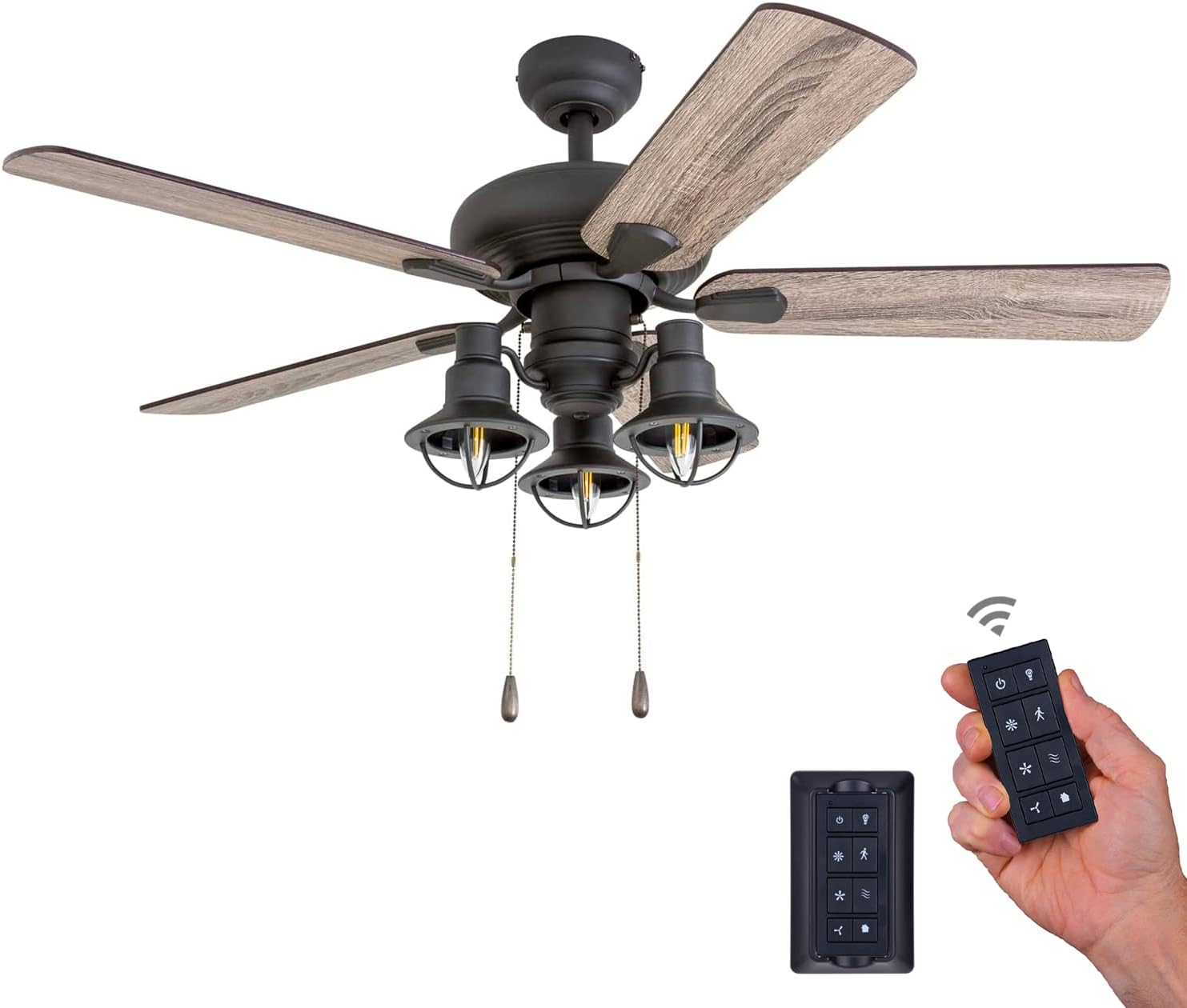 Prominence Home Piercy, 42 Inch Farmhouse LED Ceiling Fan with Light, Remote Control, Three Mounting Options, 5 Dual Finish Blades, Reversible Motor - 50758-01 (Bronze)