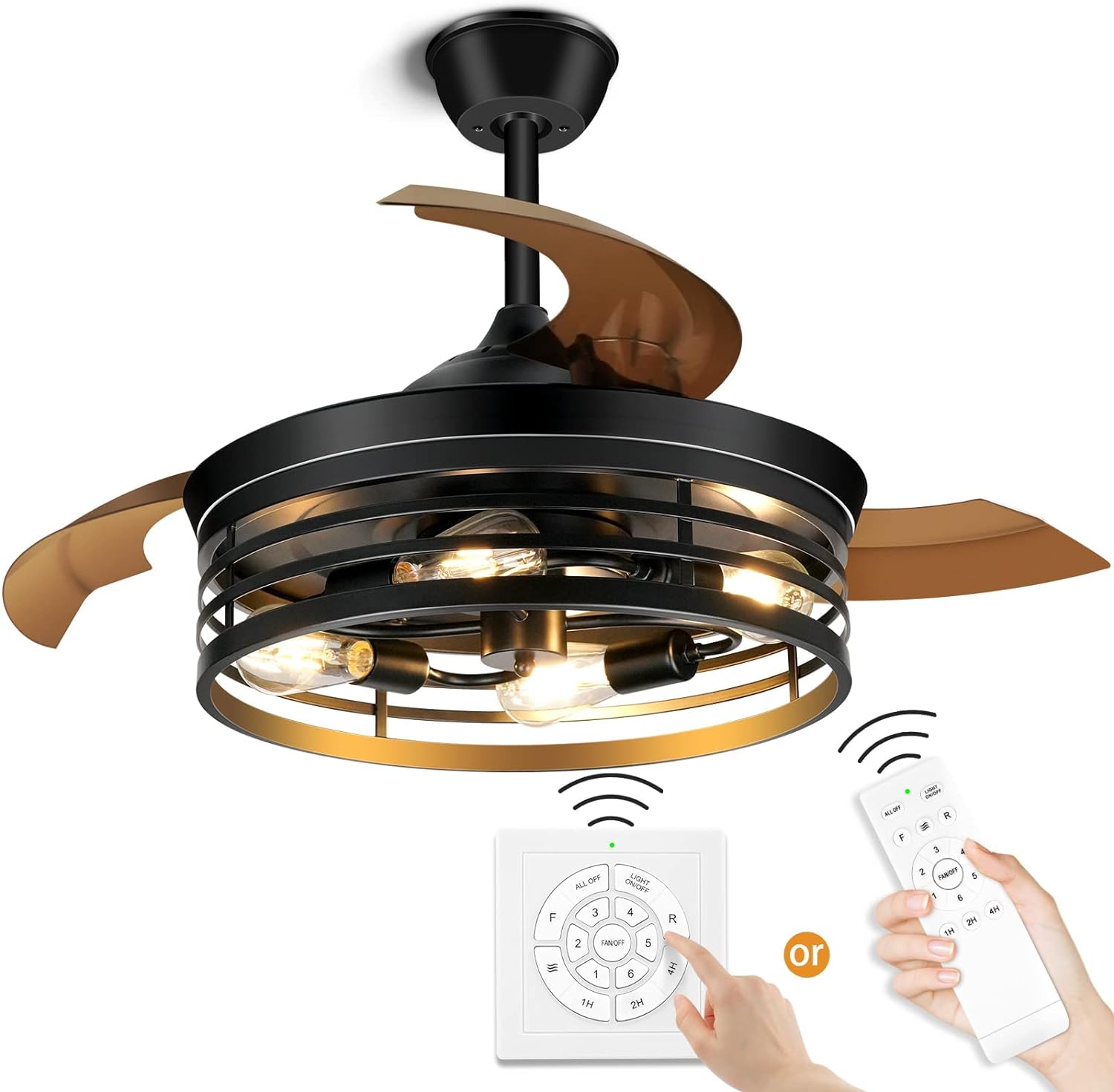 Retractable Ceiling Fans with Lights Remote Control 42Inch Black Caged Ceiling Fans Farmhouse Vintage Industrial Ceiling Fan with Lights for Living Room Bedroom Kitchen Patio