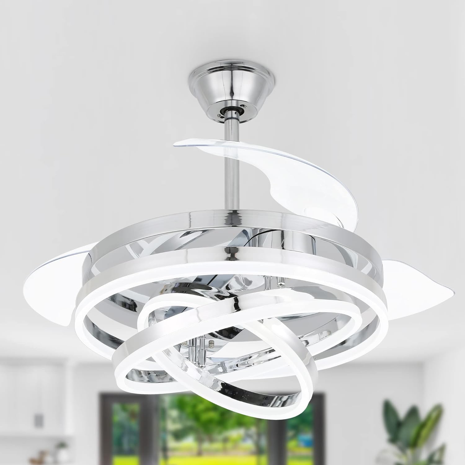 42 Inch Retractable Ceiling Fan, Modern Ceiling Fans with Lights and Remote, Silent DC Motor Color Changing, Chrome Retractable Chandelier Ceiling Fan with Lights for Bedroom