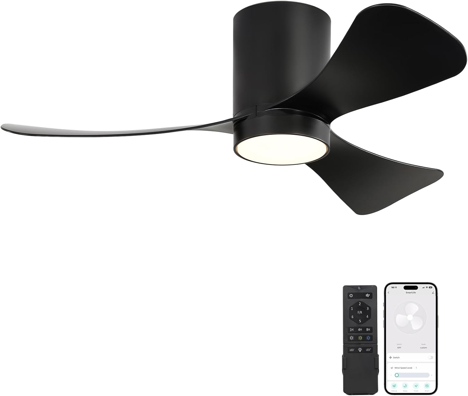 WINGBO 42 Smart Flush Mount Ceiling Fan with Lights, 3 ABS Blades, 6 Speeds Reversible DC Motor, Works with Alexa and Google Assistant, Dimmable Hugger DC Ceiling Fan for Bedroom Living Room, Black