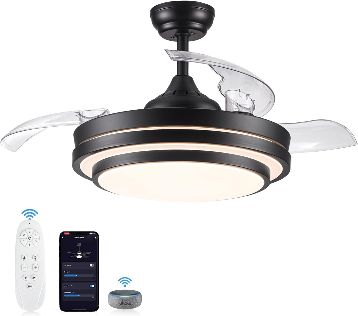 Smart Retractable Ceiling Fan with Lights Remote Control, 42 Inch Quiet Dimmable Black Modern Fandelier Ceiling Fan Work with Alexa and Smart APP for Bedroom Living Room, 3 Color 6 Speed