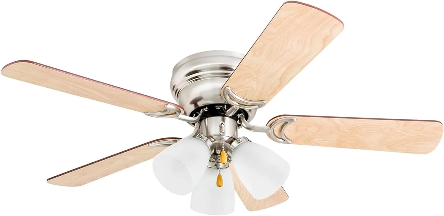 Prominence Home Whitley, 42 Inch Traditional Flush Mount Indoor LED Ceiling Fan with Light, Pull Chain, 5 Dual Finish Blades, Reversible Motor - 50863-01 (Satin Nickel), Bright Brass