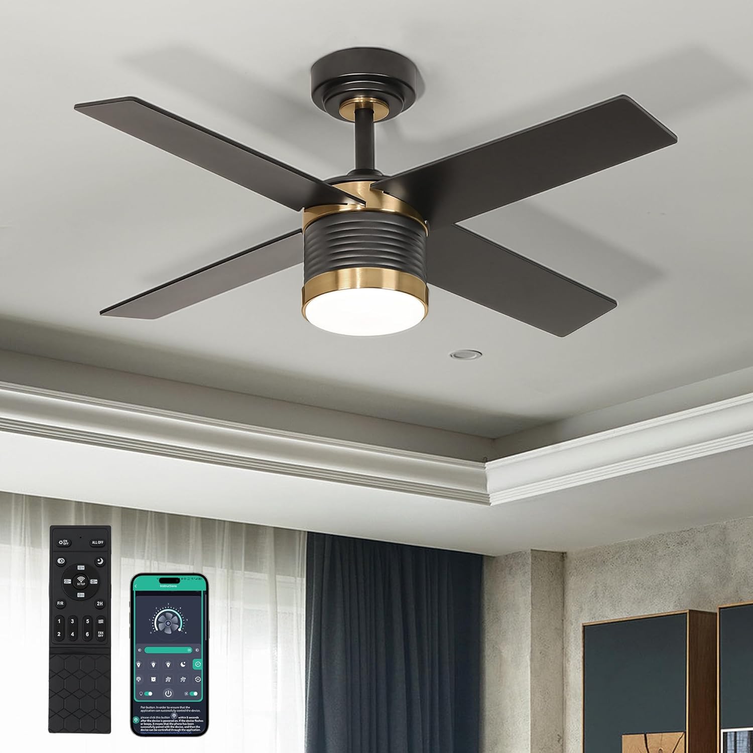 42 inch Black Ceiling Fans with Lights and Remote Control, Fan Light with 4 Reversible Blades, LED Dimmable, DC Noiseless Motor, 6 Speeds, Ceiling Fan for Bedroom Living Room