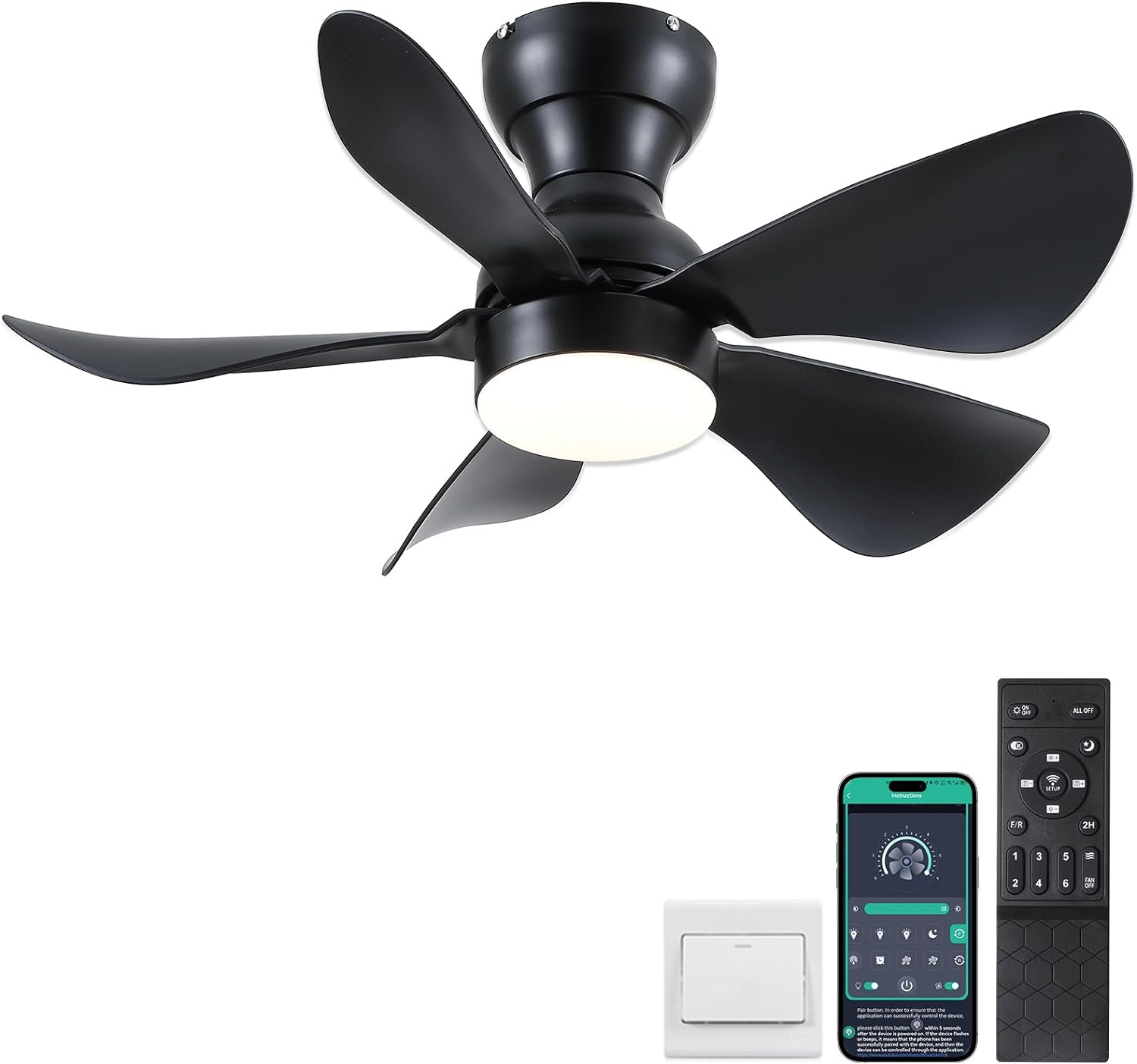 Ceiling Fans with Lights and Remote/APP Control, 30 inch Low Profile Ceiling Fans with 5 Reversible Blades 3 Colors Dimmable 6 Speeds Ceiling Fan for Bedroom Home Office Dining Room, Black