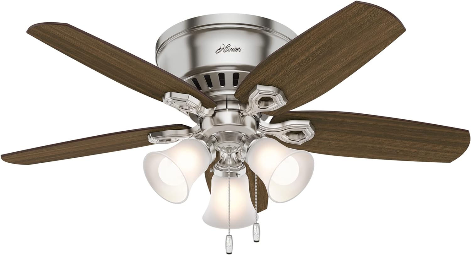 Hunter Fan Company, 51092, 42 inch Builder Brushed Nickel Low Profile Ceiling Fan with LED Light Kit and Pull Chain