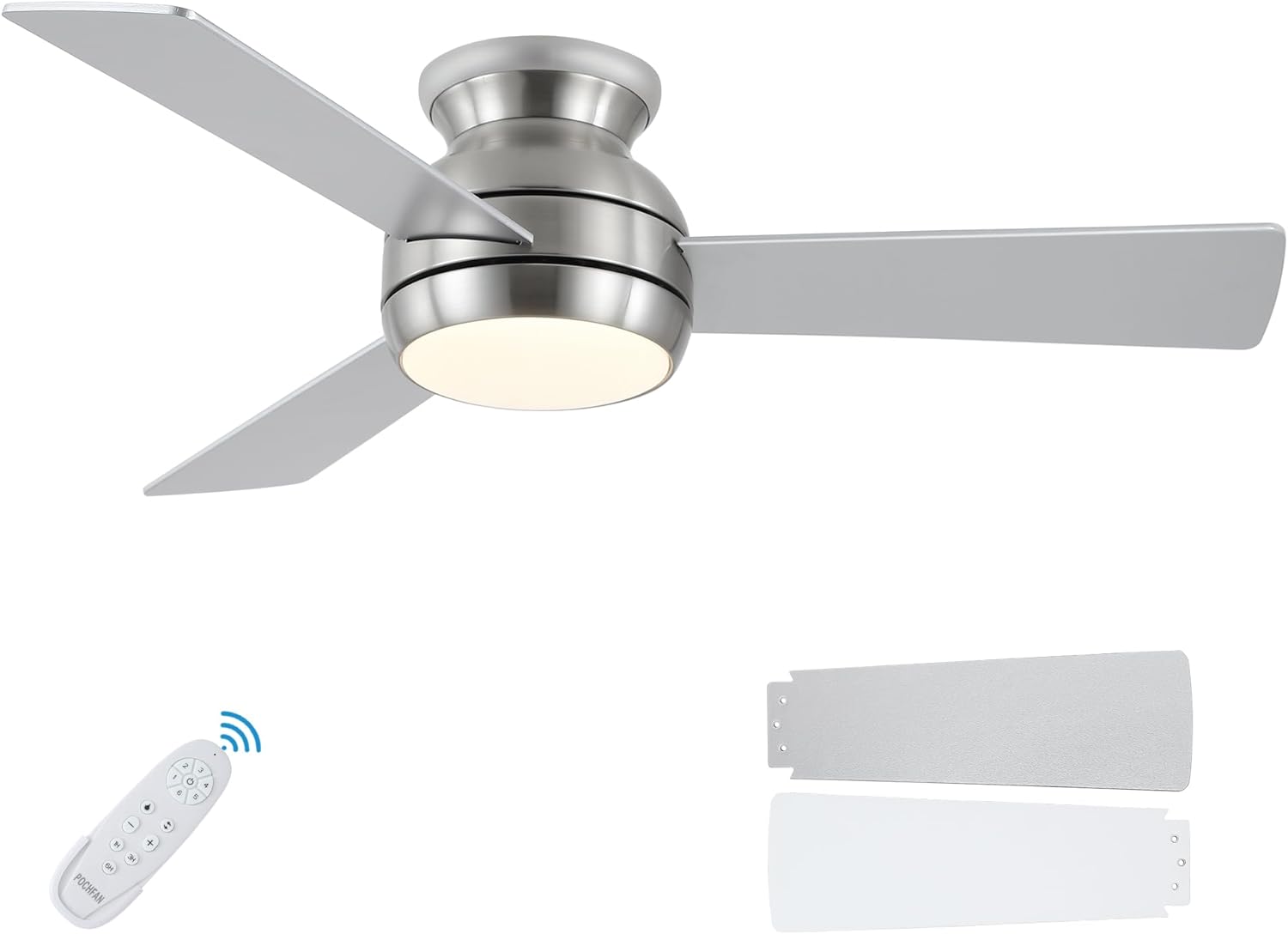 42 Inch Ceiling Fans With Lights, Low Profile Ceiling Fan with Remote, Quiet Motor, Dimmable 6 Speeds Reversible LED Flush Mount Modern Ceiling Fan for Bedroom, Living Room, Brushed Nickel