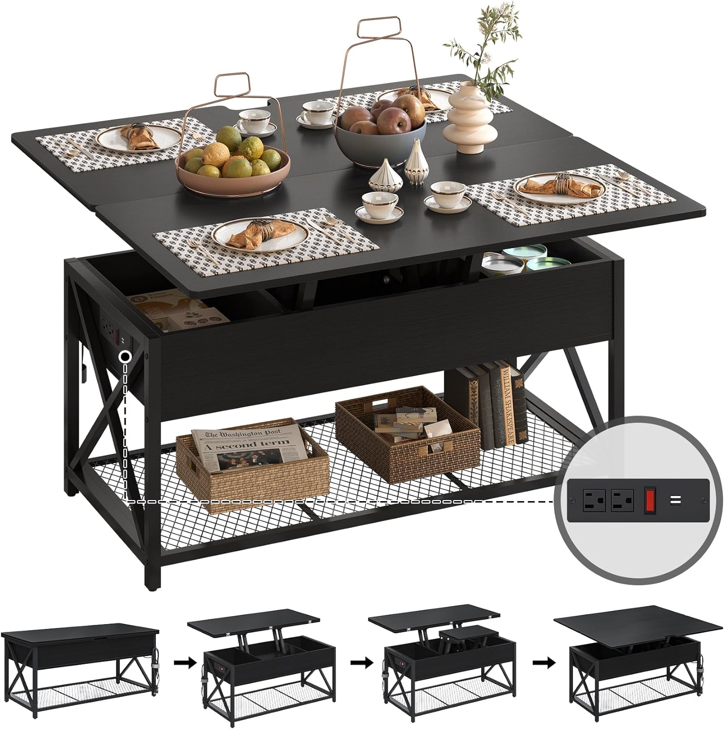 43 Lift Top Coffee Table with Charging Station, 4 in 1 Coffee Table with Storage, Black Coffee Table Converts to Dining Table for Living Room, Game Table, Home Office