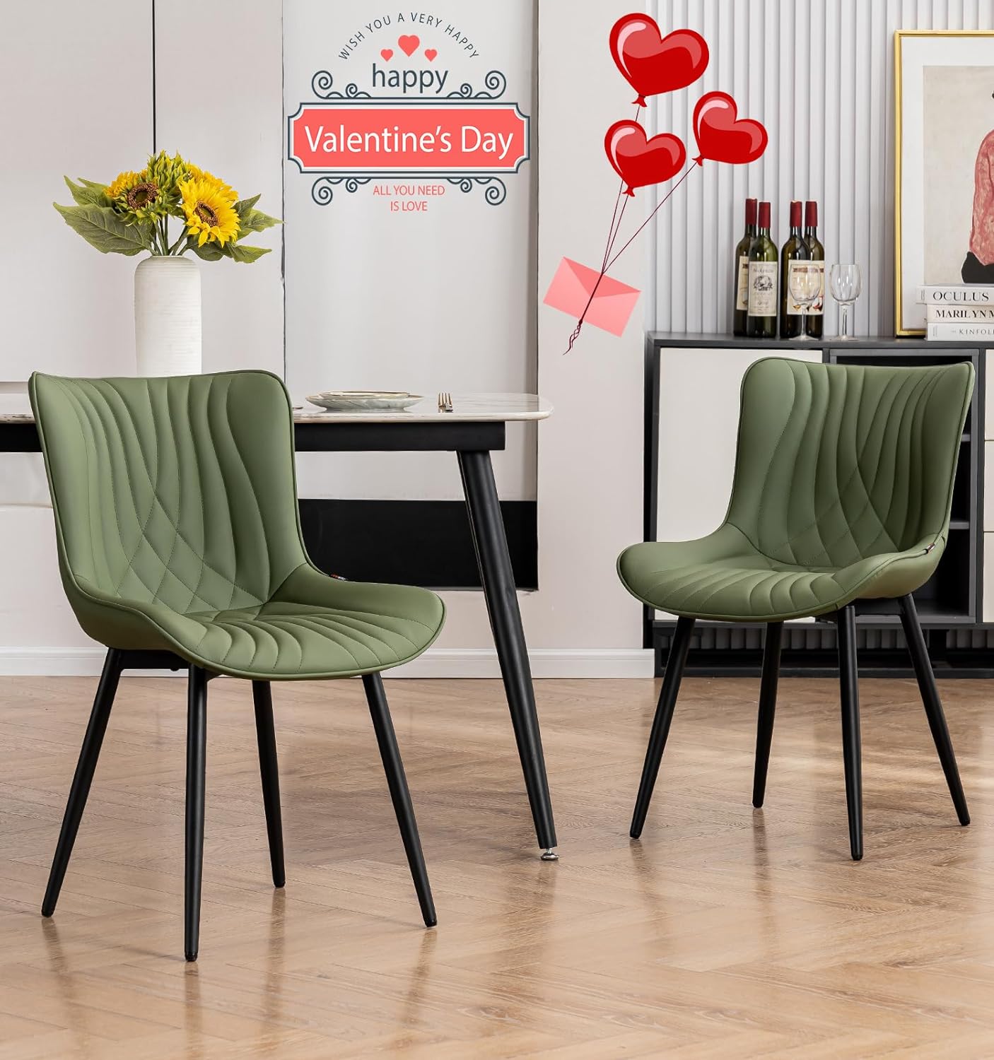 YOUTASTE Dining Chairs Set of 2 Upholstered Mid Century Modern Kitchen Dining Room Chairs Armless Faux Leather Accent Chair Metal Vanity Lounge Chair with Back for Living Room Bedrooms,Olive Green