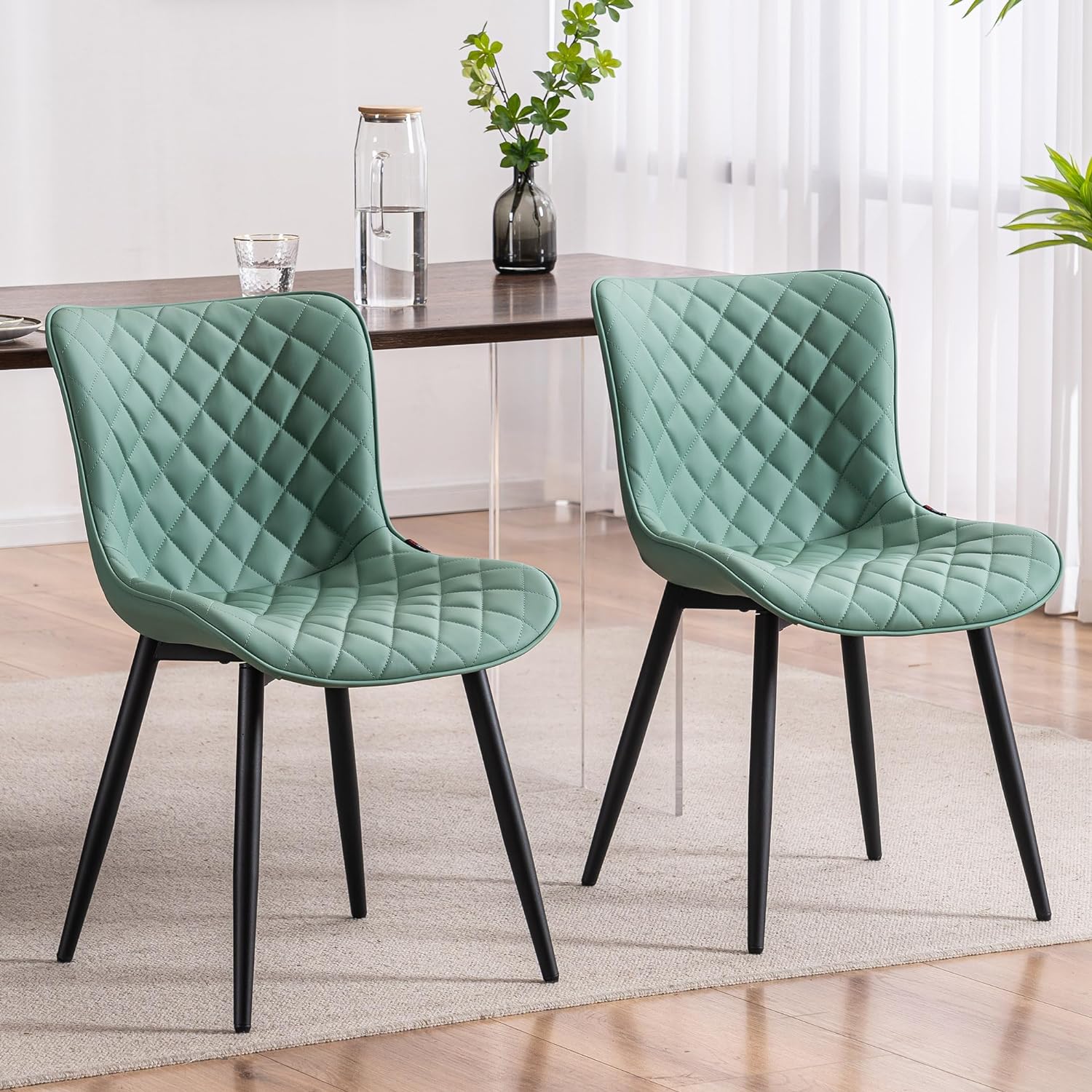 YOUTASTE Light Green Dining Chairs Set of 2 Mid Century Modern PU Leather Diamond Upholstered Accent Guest Dinner Chair with Back Metal Legs for Kitchen Living Reception Waiting Room