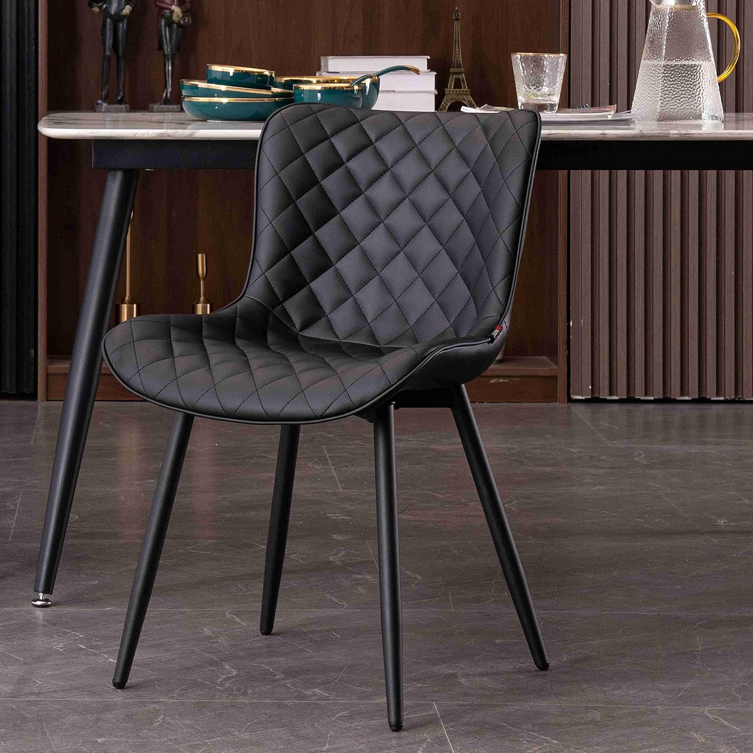 YOUTASTE Black Dining Chairs Set of 2 Mid Century Modern PU Leather Diamond Upholstered Accent Guest Dinner Chair with Back Metal Legs for Kitchen Living Reception Waiting Room