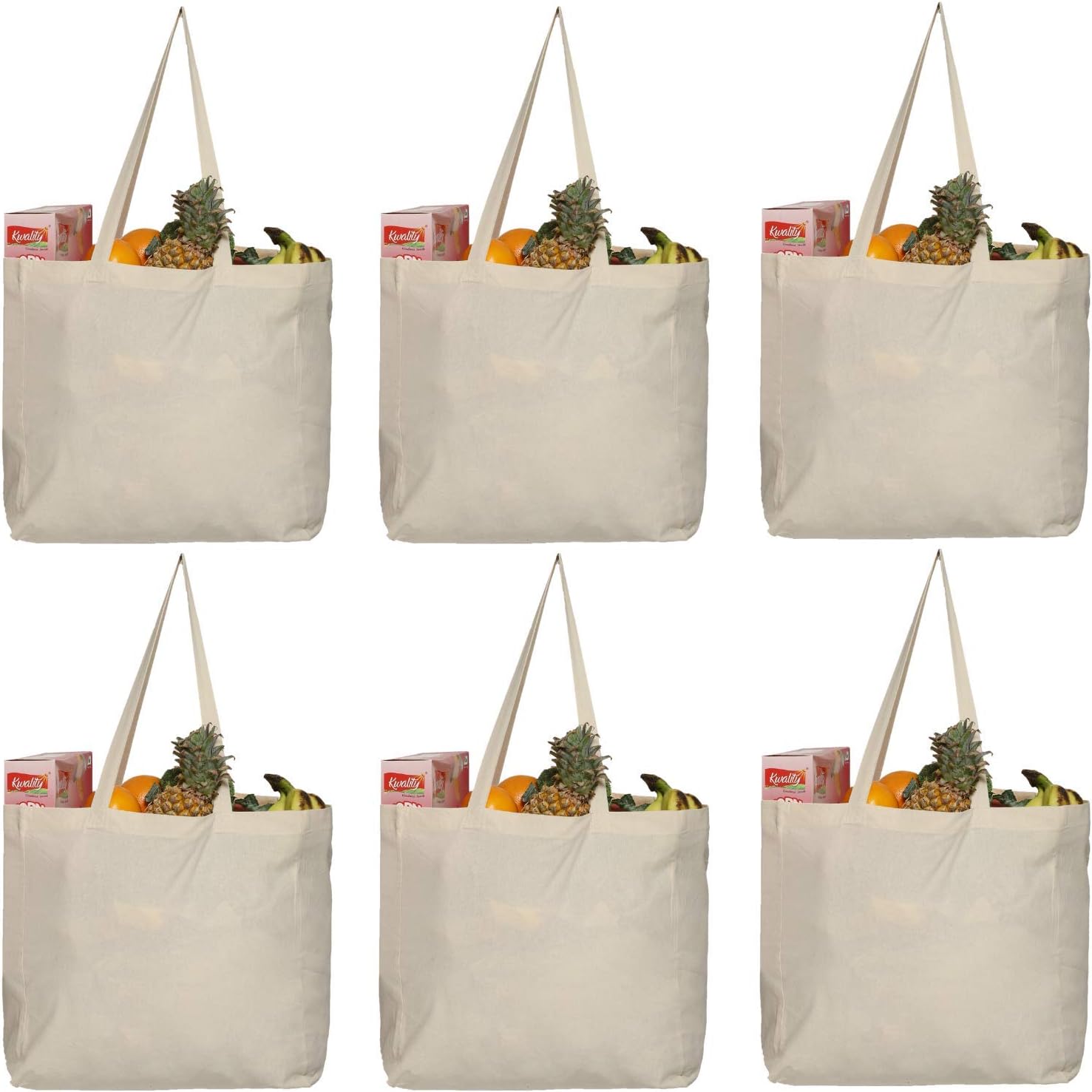 6 Pack Canvas Reusable Grocery Bags - Cotton Canvas Grocery Bag Cloth Shopping Tote With Long Handles Bulk - Heavy Duty Grocery Tote Bag - Large, Foldable and Lightweight - Capacity 40 lbs
