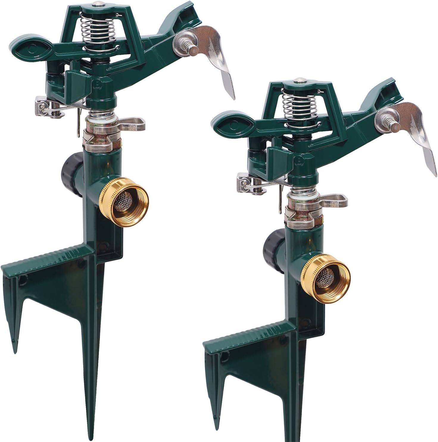 Biswing 2 Pack Impact Sprinkler Head on Metal Step Spike, Heavy Duty Zinc Alloy Lawn Sprinkler, Adjustable Coverage Nozzle on Sturdy Spike Base, 360 Degree Large Area Irrigation, Green