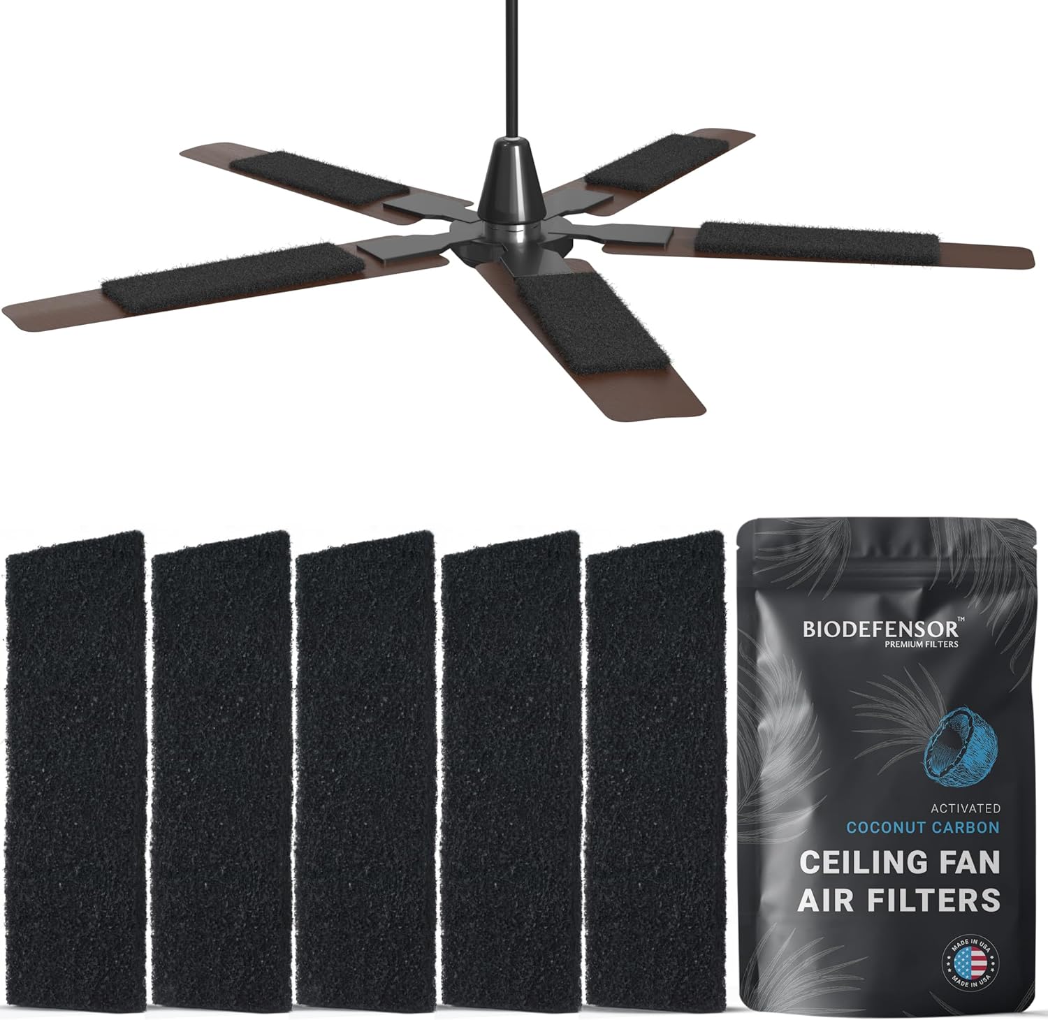 Ceiling Fan Filters, Made in USA, Easy Peel & Stick, Fits All Blade Types, Premium Granular Activated Carbon - Captures Dust, Odors, VOCs, Airborne Irritant Purifier (5-Pack for 5-Blade)