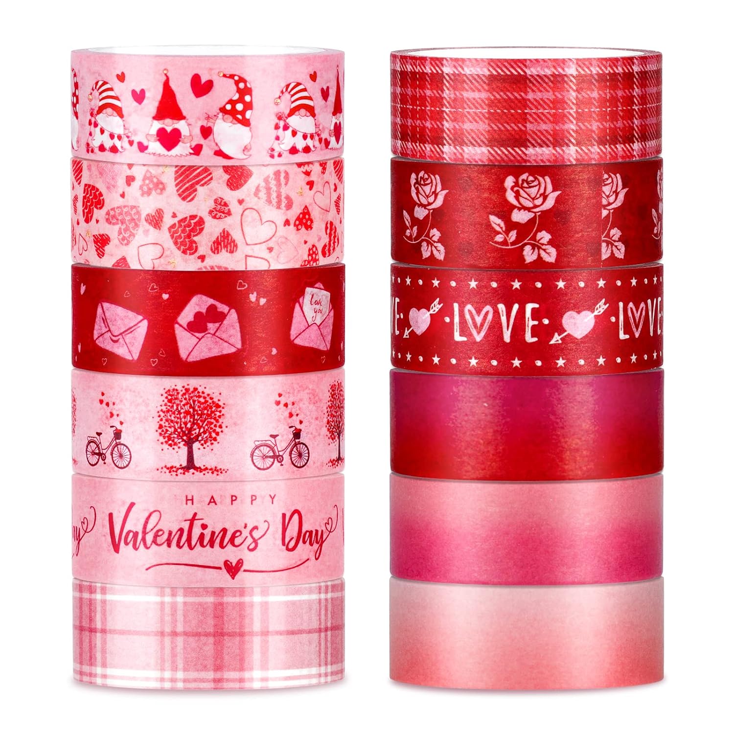 Whaline 12 Rolls Valentine' Day Washi Tape Red Pink Heart Gnome Love Masking Tape for Wedding Scrapbook DIY Craft Gift Wrapping, 0.6 x 16.4ft