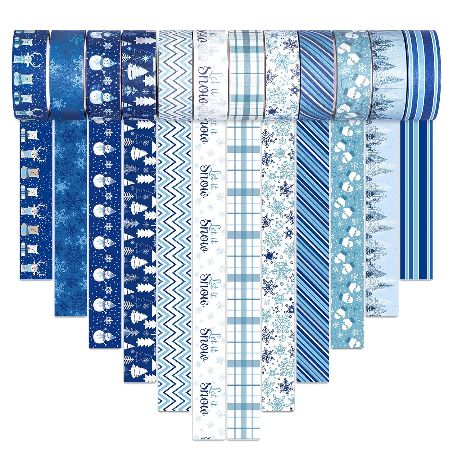 Whaline 12 Rolls Winter Washi Tape Blue White Snowflake Snowman Holiday Masking Tape Xmas Tree Reindeer Assorted Pattern Washi Tape for Scrapbook Journal DIY Craft Gift Wrapping Party Decor