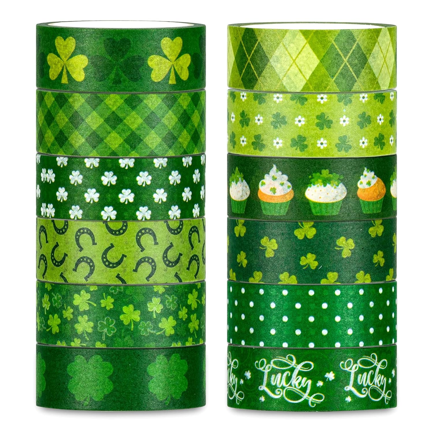 Whaline 12 Rolls St. Patrick' Day Washi Tape Green Shamrock Washi Masking Tape 15mm Clover Plaids Lucky Holiday Paper Tape Sticker for Irish Party Scrapbook Gift Packing DIY Craft Decor, 16.4Ft